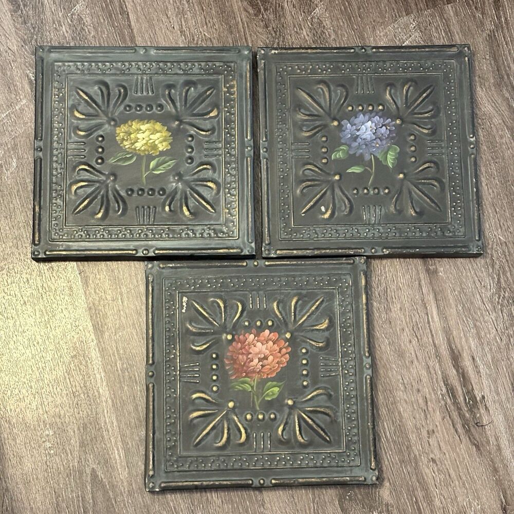 Embossed Metal Square Wall Tiles 11x11 Floral Pattern Set of 3